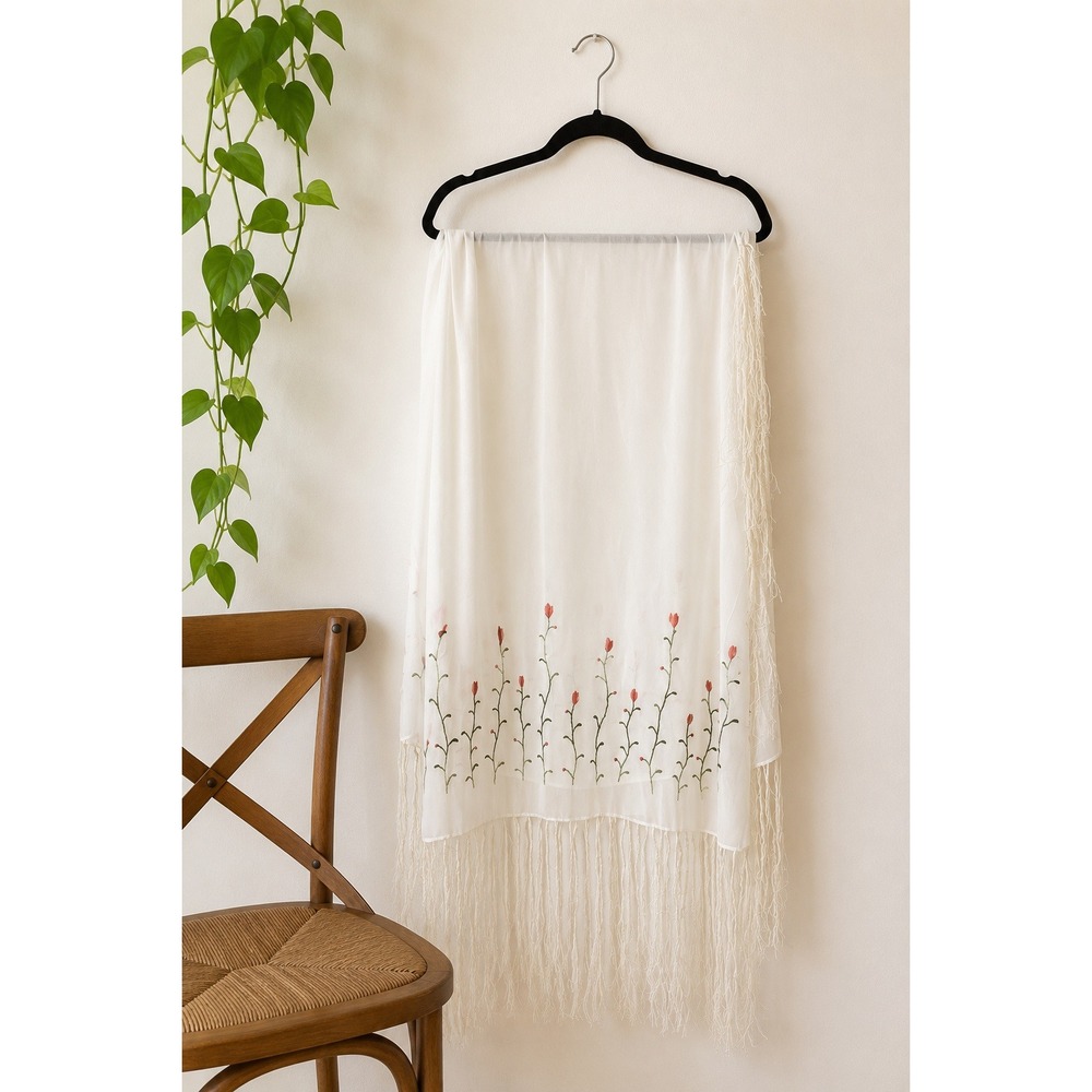 Winter White Wrap Chiffon Embroidered Floral Bridal Shawl Fringe Large Scarf